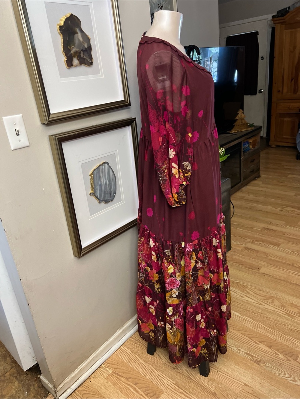 Arna York Dress Women 16 Burgundy Floral Lined Date Church Peasant Hippie tiered - Picture 6 of 14